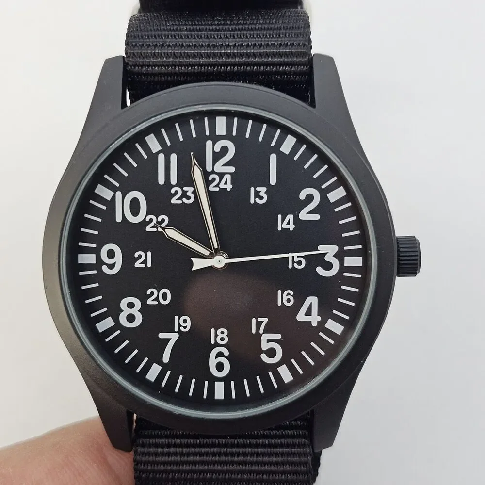 Men's Field Watch 42MM Black Case‎ Black Dial Black Canvas Band Strap NewBattery